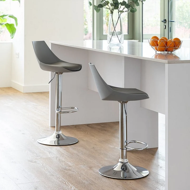 Taburete alto de cocina regulable en altura gris y metal con respaldo alto