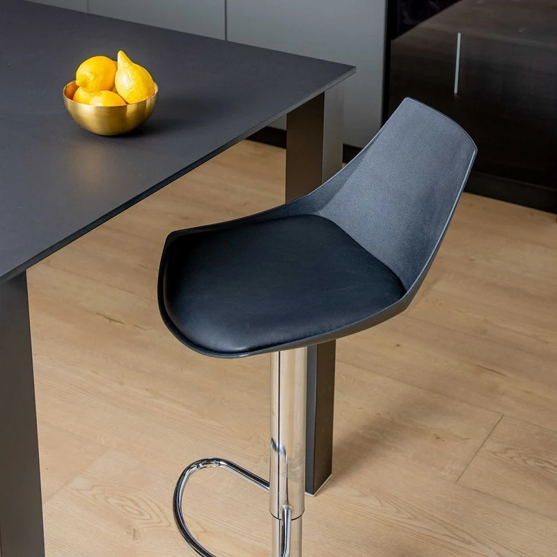 Taburete alto de cocina regulable en altura negro y metal con respaldo alto
