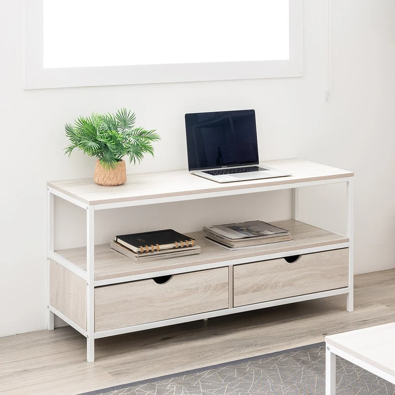 Mueble de TV de acero y tablero blanco y natural de 120x39x57 cm