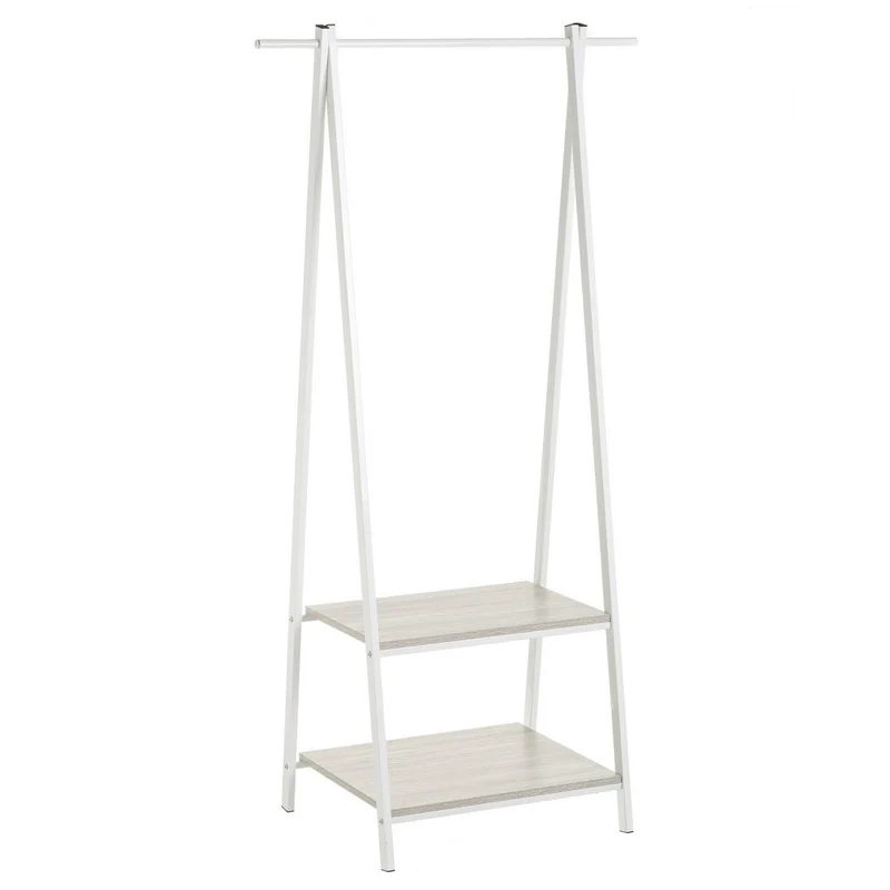 Perchero de madera y metal blanco con barra y 2 baldas de 55x45x150 cm