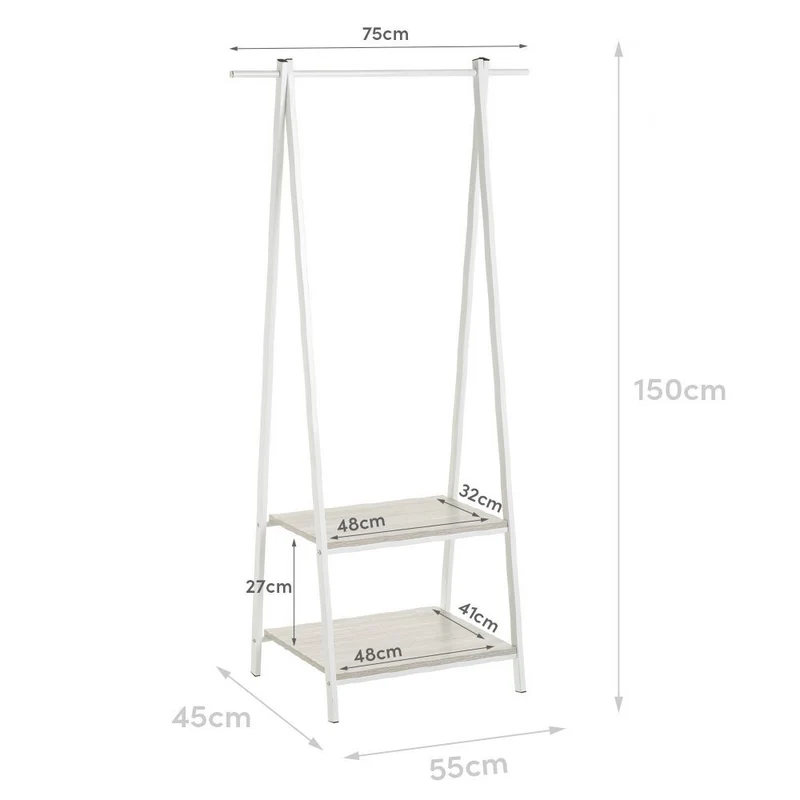 Perchero de madera y metal blanco con barra y 2 baldas de 55x45x150 cm