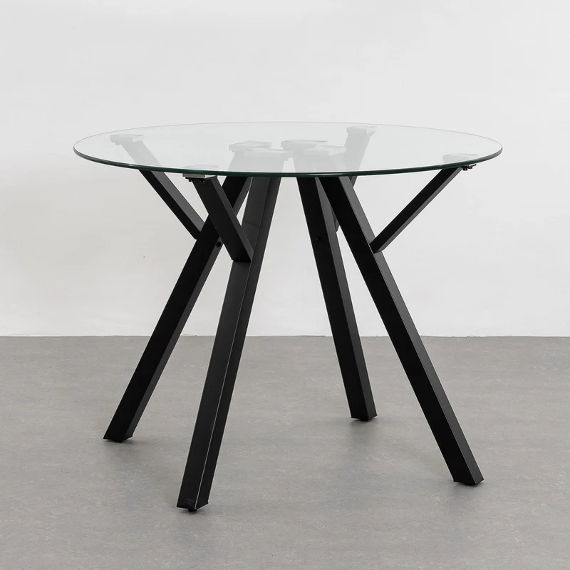 Mesa redonda de cristal templado y metal negro de 100 cm de diámetro