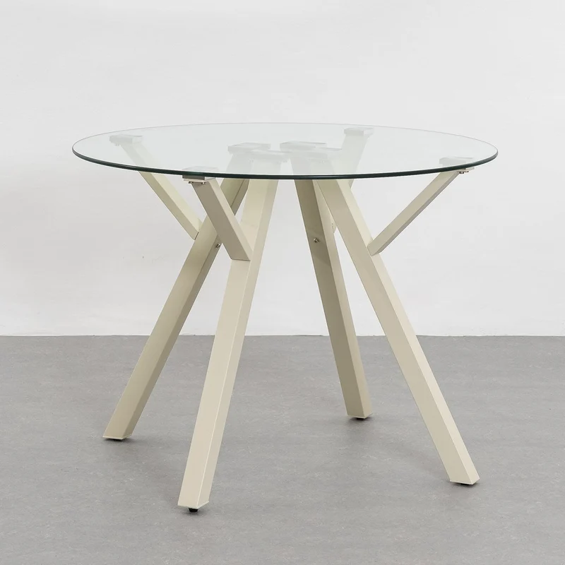 Mesa redonda de cristal templado y metal beige de 100 cm de diámetro