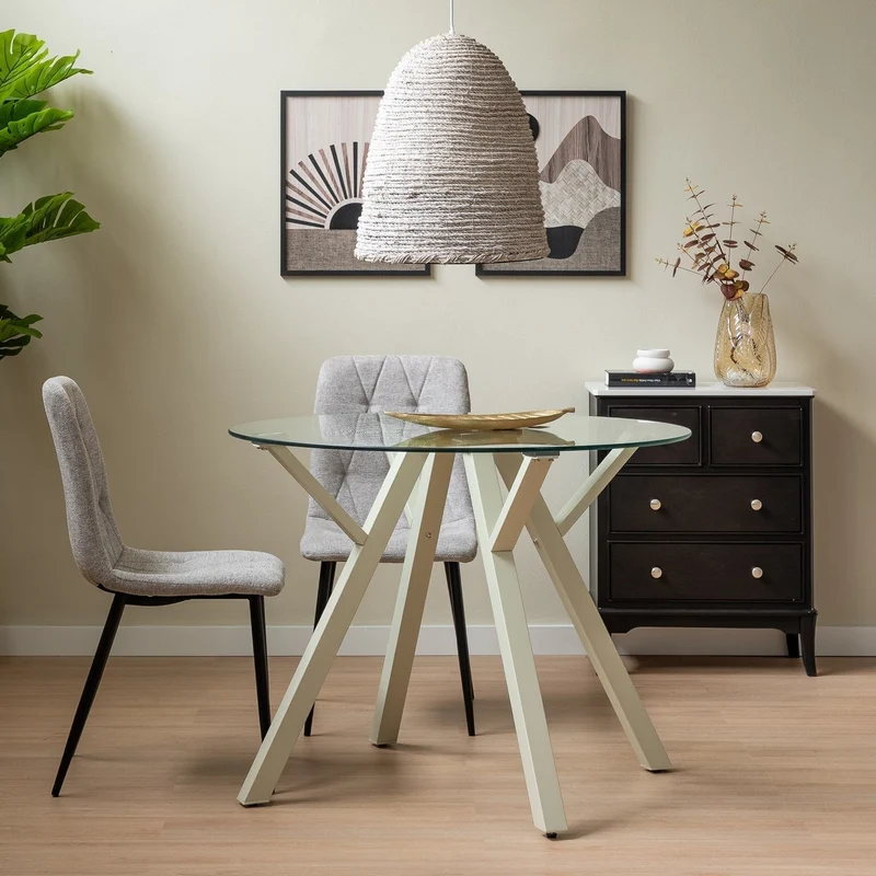 Mesa redonda de cristal templado y metal beige de 100 cm de diámetro