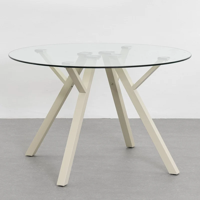 Mesa redonda de cristal templado y metal beige de 120 cm de diámetro