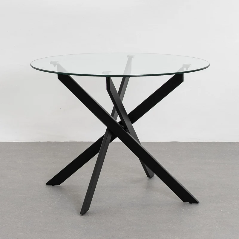 Mesa de cristal templado y base de metal negro de 100 cm de diámetro