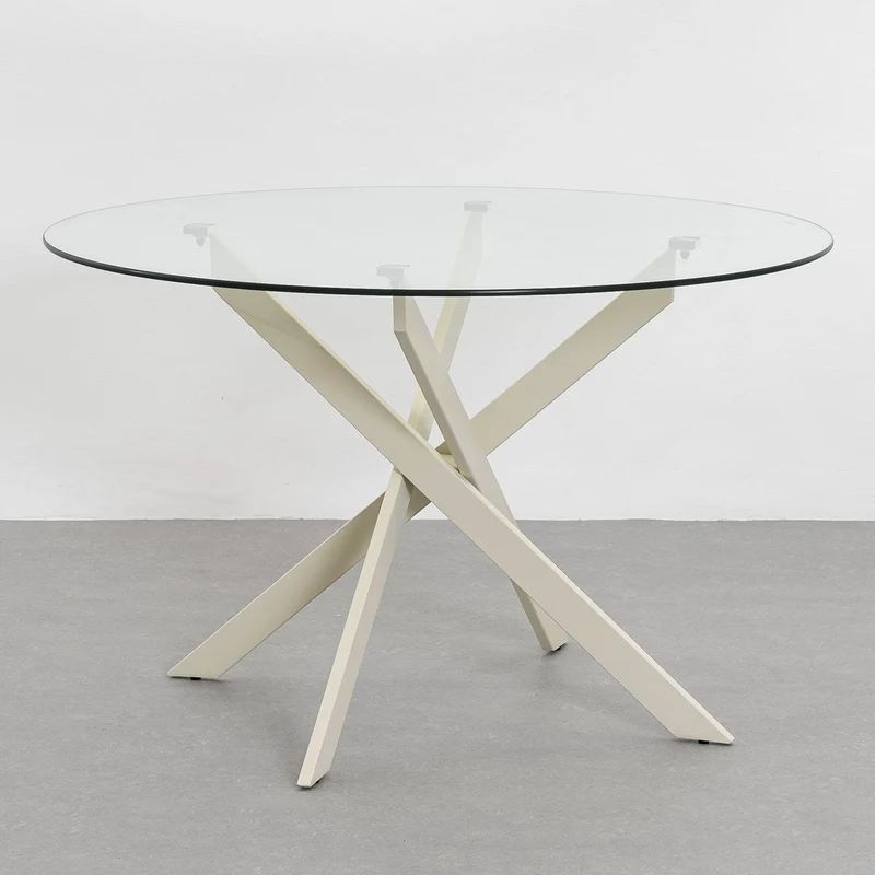 Mesa de cristal templado y base de metal beige de 120 cm de diámetro