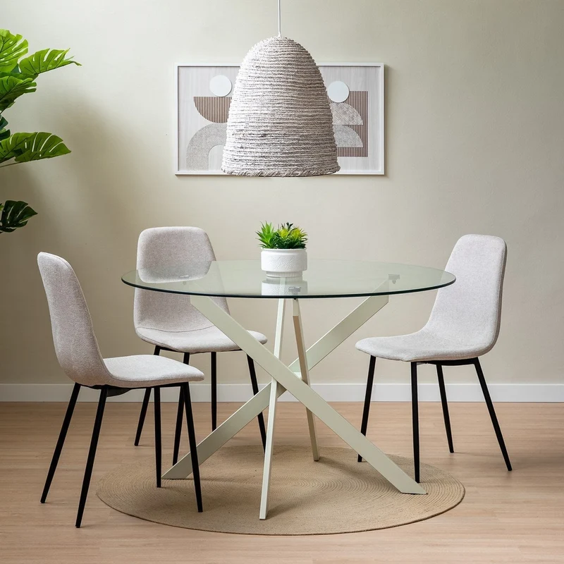 Mesa de cristal templado y base de metal beige de 120 cm de diámetro