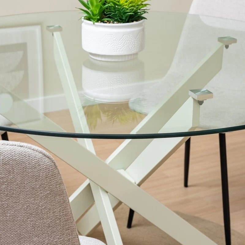 Mesa de cristal templado y base de metal beige de 120 cm de diámetro