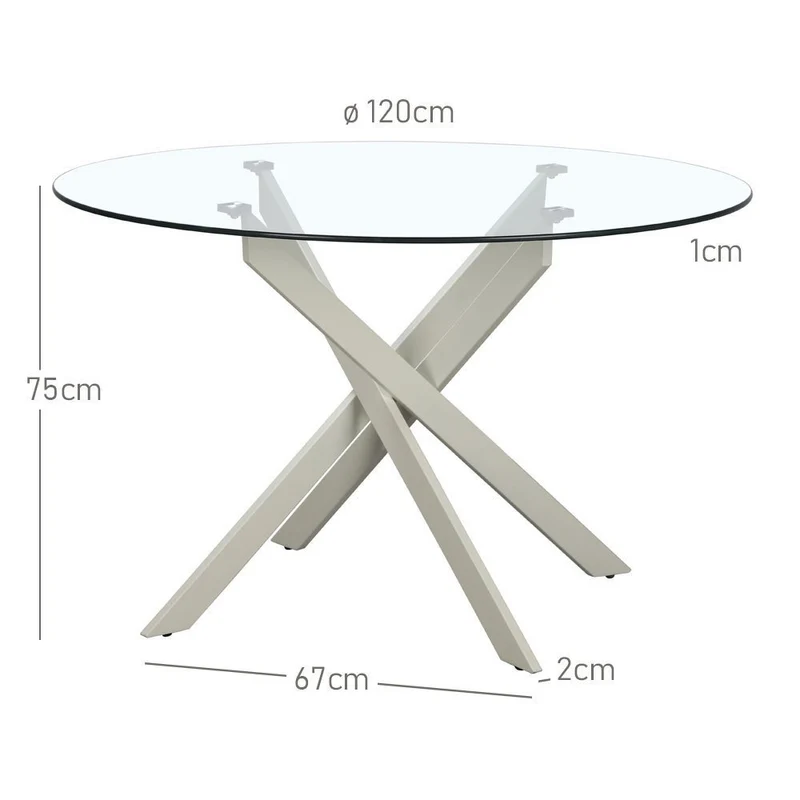 Mesa de cristal templado y base de metal beige de 120 cm de diámetro