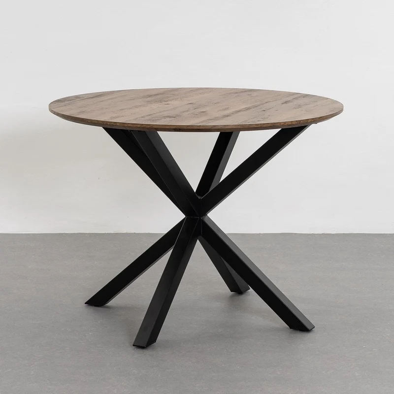 Mesa redonda de madera natural y metal negro de 100 cm de diámetro
