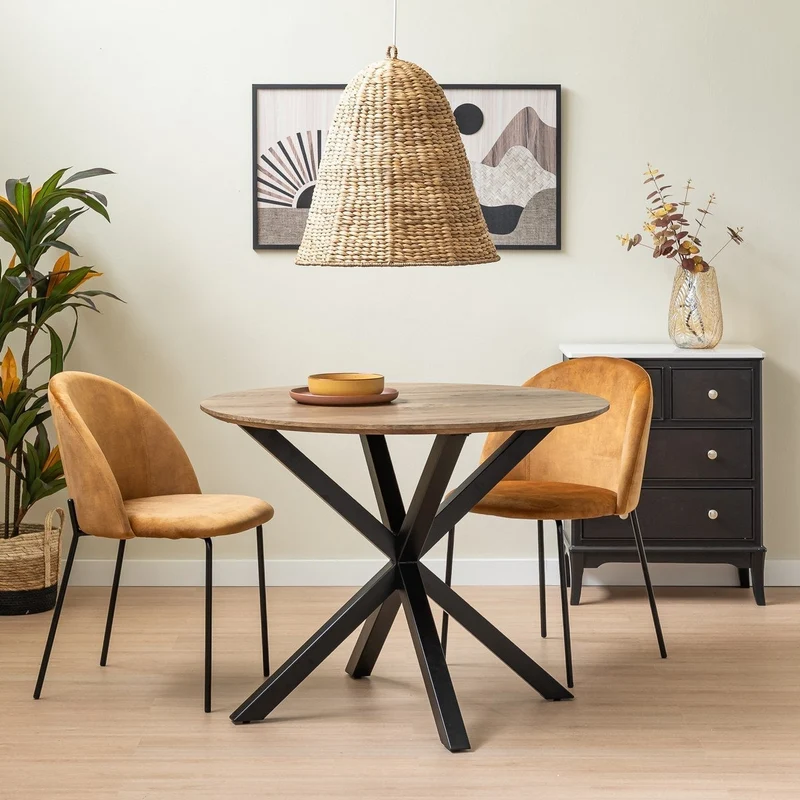 Mesa redonda de madera natural y metal negro de 100 cm de diámetro