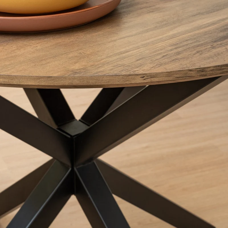 Mesa redonda de madera natural y metal negro de 100 cm de diámetro