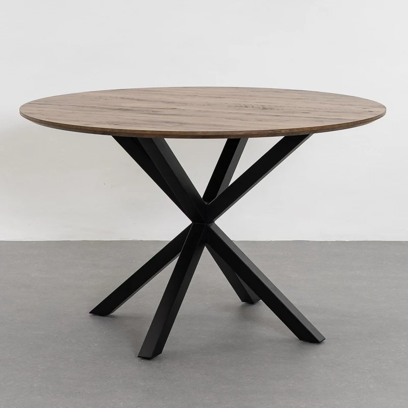 Mesa redonda de madera natural y metal negro de 120 cm de diámetro