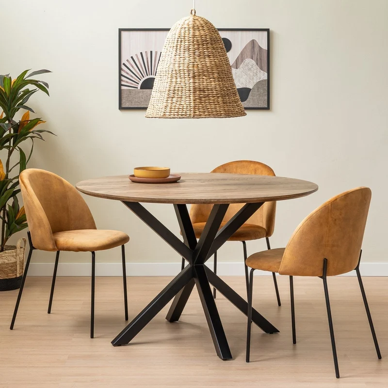 Mesa redonda de madera natural y metal negro de 120 cm de diámetro