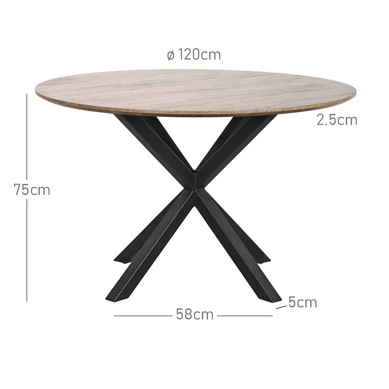 Mesa redonda de madera natural y metal negro de 120 cm de diámetro