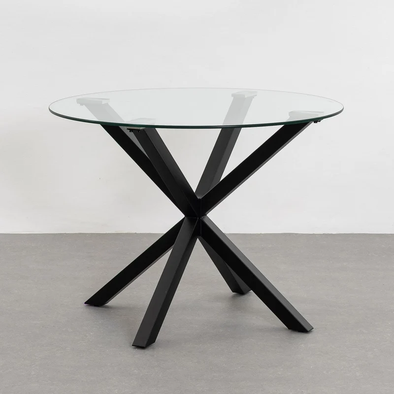 Mesa de cristal templado y cruceta de metal negro de 100 cm de diámetro