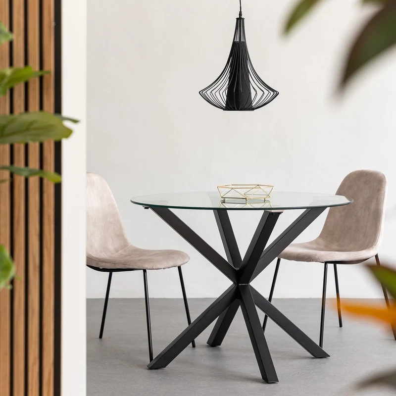 Mesa de cristal templado y cruceta de metal negro de 100 cm de diámetro