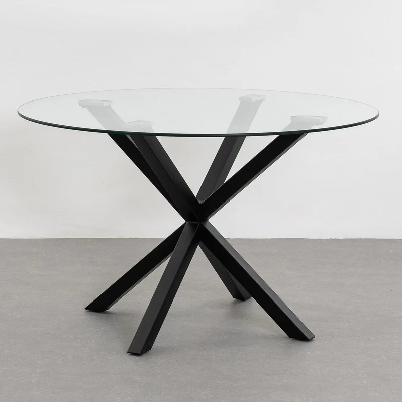 Mesa de cristal templado y cruceta de metal negra de 120 cm de diámetro