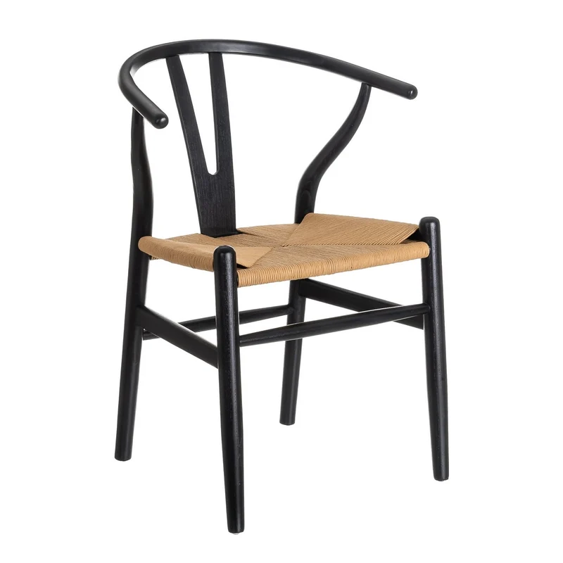 2 sillas de comedor Ming de madera de olmo negro con asiento de cuerda