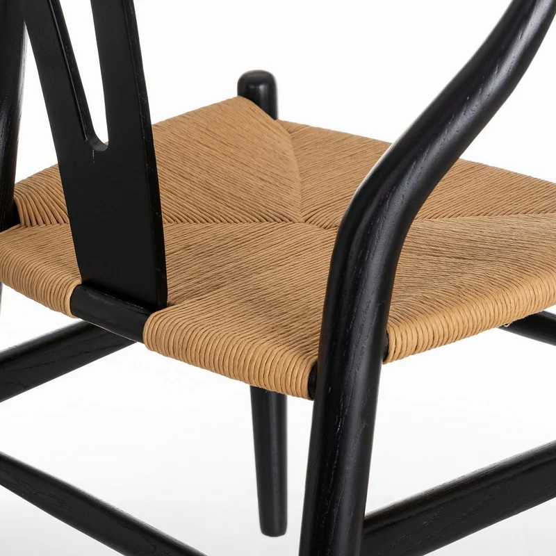 2 sillas de comedor Ming de madera de olmo negro con asiento de cuerda