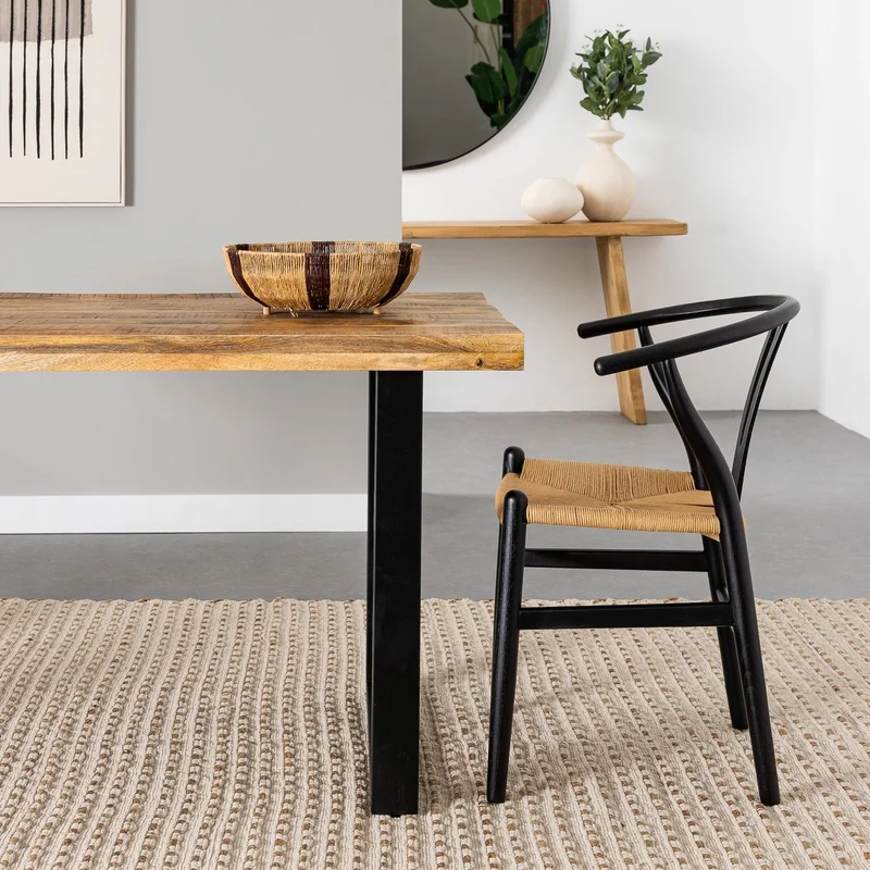 2 sillas de comedor Ming de madera de olmo negro con asiento de cuerda