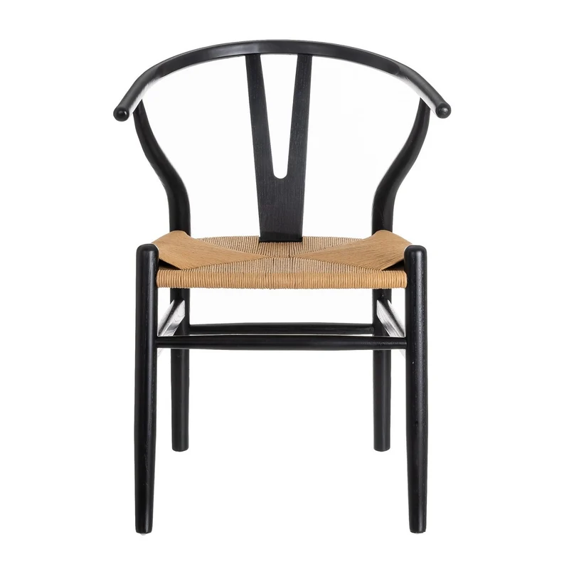 4 sillas de comedor Ming de madera de olmo negro con asiento de cuerda