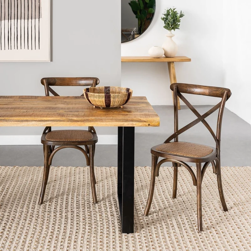Silla de comedor Aspas de madera de olmo marrón oscuro y asiento de ratán