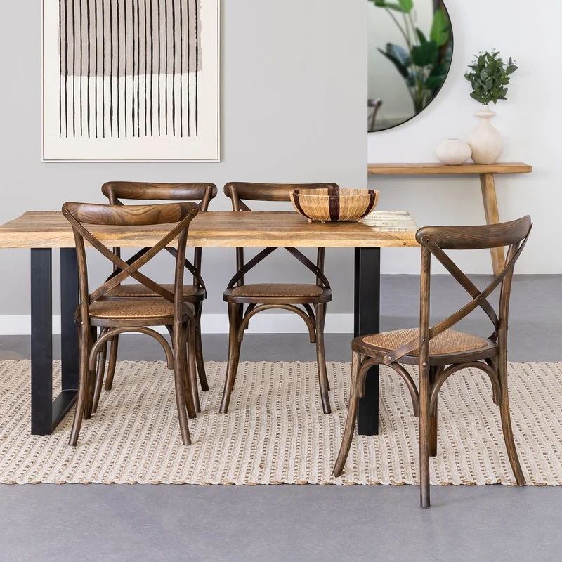 Silla de comedor Aspas de madera de olmo marrón oscuro y asiento de ratán
