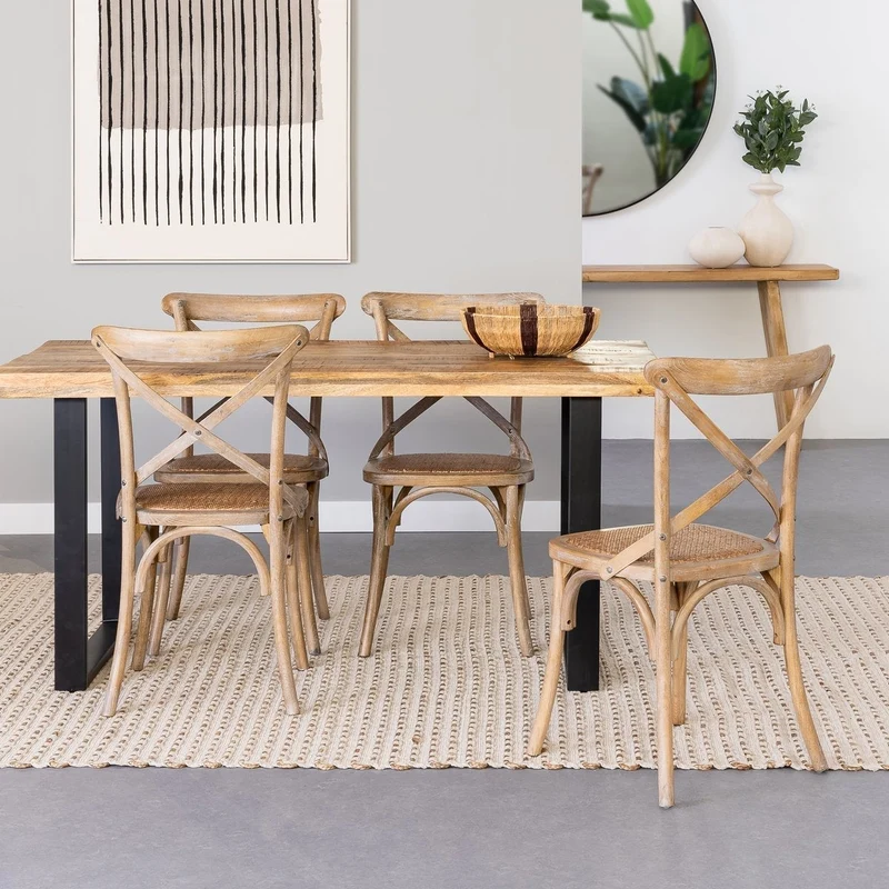 Silla de comedor Aspas de madera de olmo marrón y asiento de ratán