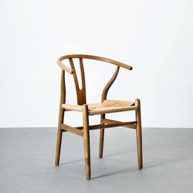 Silla de comedor Ming de madera de olmo marrón oscuro con asiento de cuerda