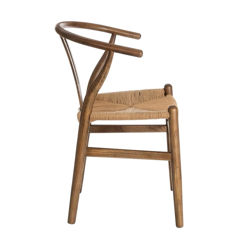 Silla de comedor Ming de madera de olmo marrón oscuro con asiento de cuerda