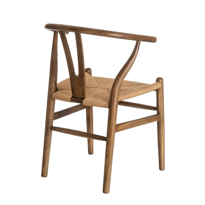 Silla de comedor Ming de madera de olmo marrón oscuro con asiento de cuerda