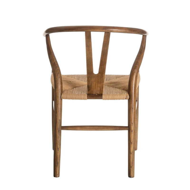 Silla de comedor Ming de madera de olmo marrón oscuro con asiento de cuerda