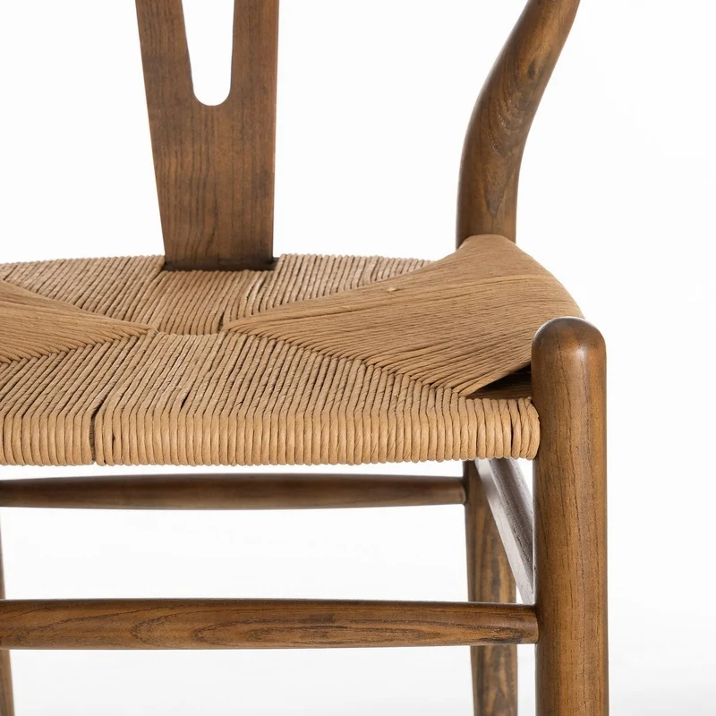 Silla de comedor Ming de madera de olmo marrón oscuro con asiento de cuerda