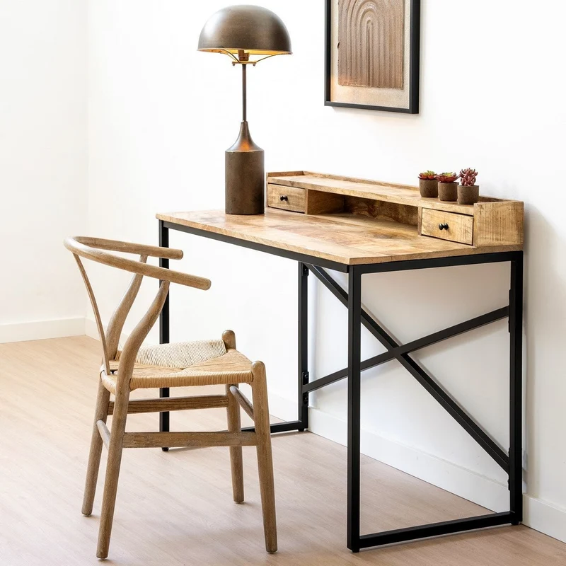 Silla de comedor Ming de madera de olmo marrón con asiento de cuerda