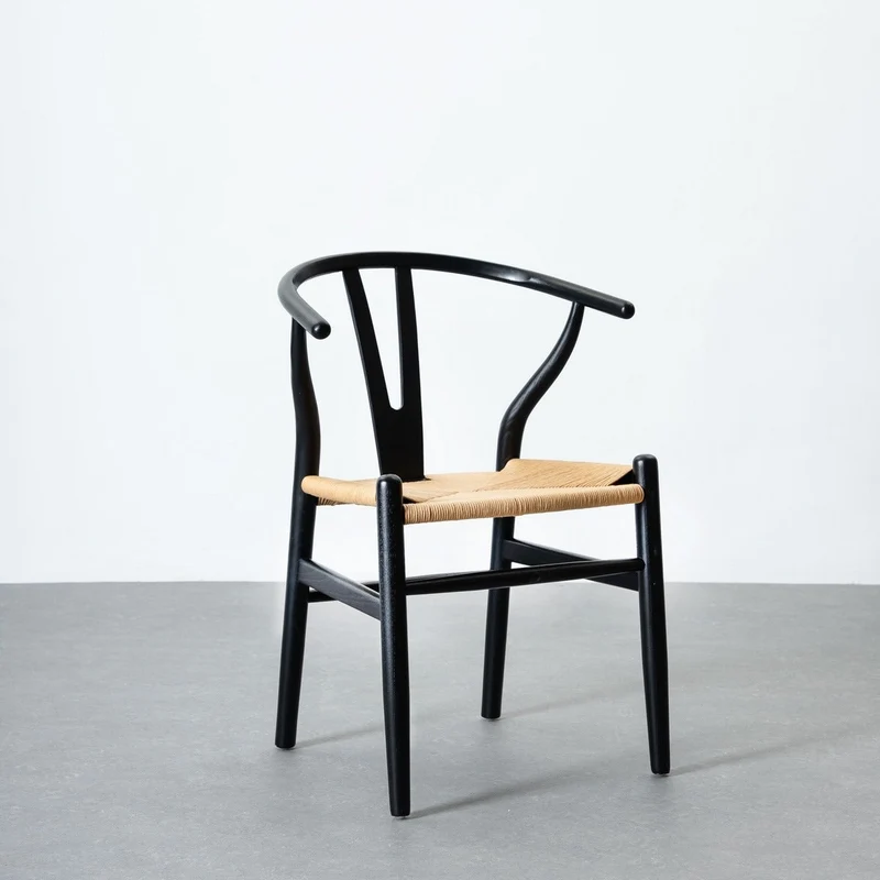Silla de comedor Ming de madera de olmo negro con asiento de cuerda