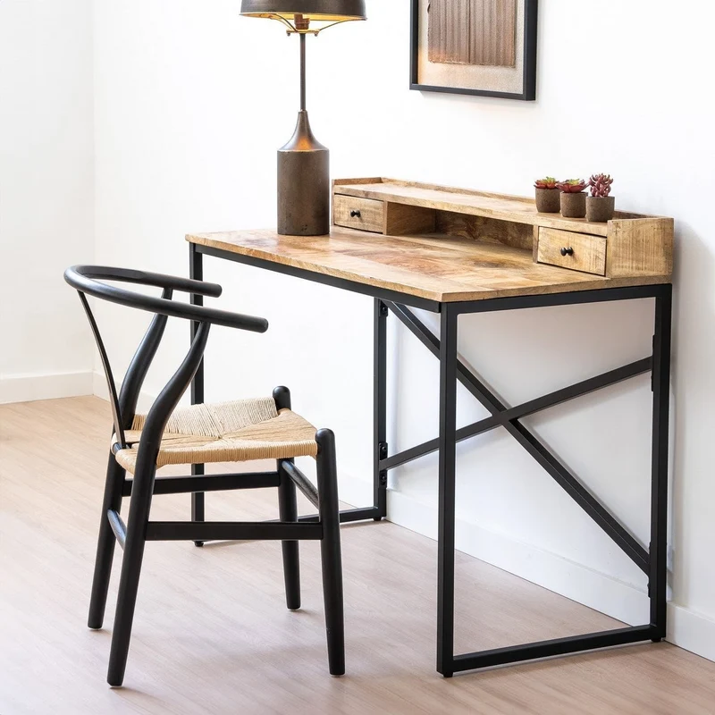 Silla de comedor Ming de madera de olmo negro con asiento de cuerda