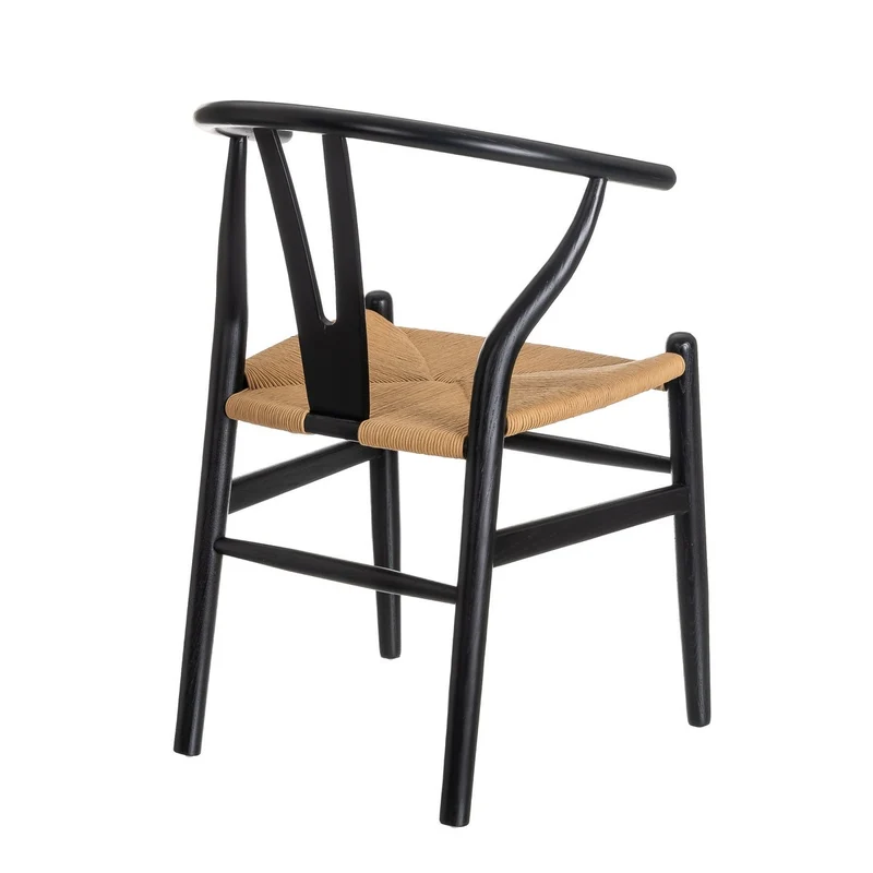 Silla de comedor Ming de madera de olmo negro con asiento de cuerda
