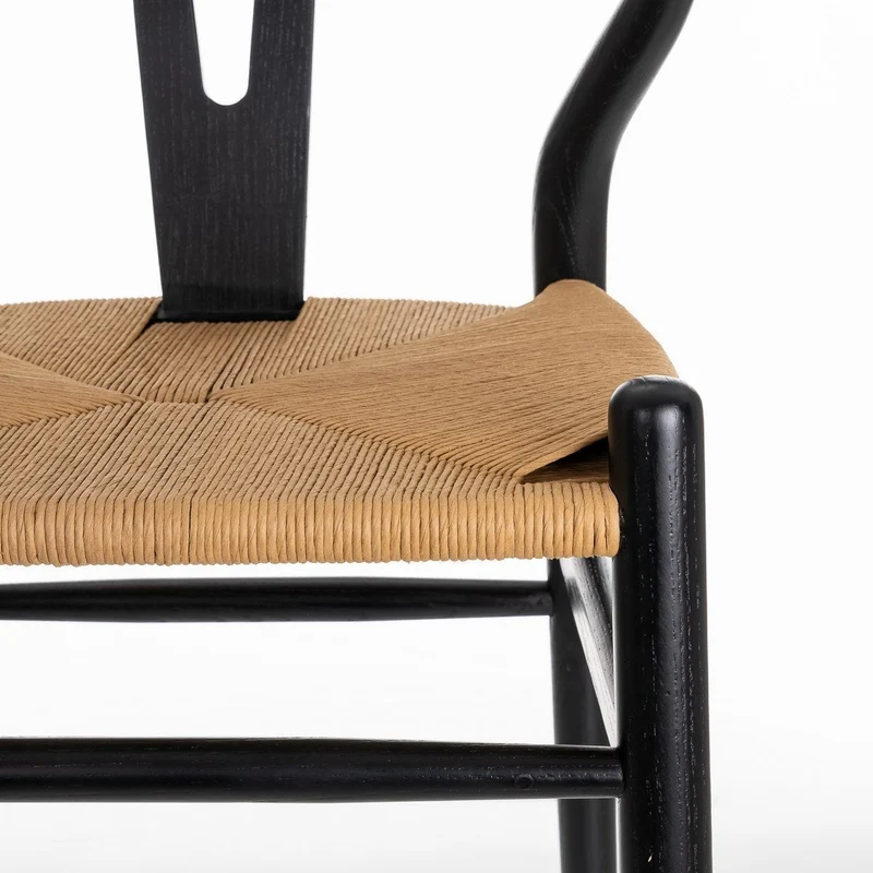 Silla de comedor Ming de madera de olmo negro con asiento de cuerda