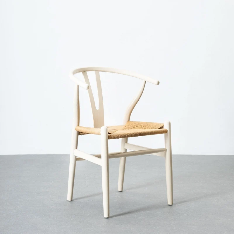 Silla de comedor Ming en madera de olmo color blanco y asiento de cuerda