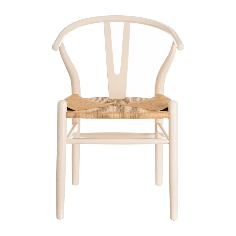 Silla de comedor Ming en madera de olmo color blanco y asiento de cuerda