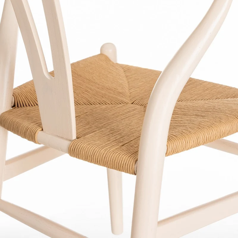 Silla de comedor Ming en madera de olmo color blanco y asiento de cuerda