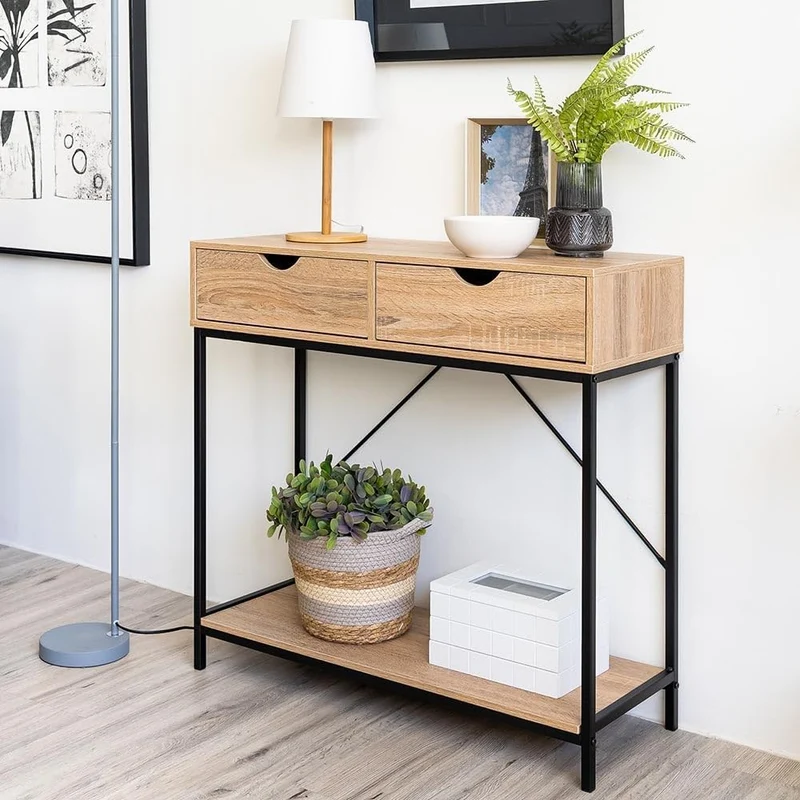 Consola recibidor Urban 2 cajones de metal negro y madera roble 80x30x75 cm