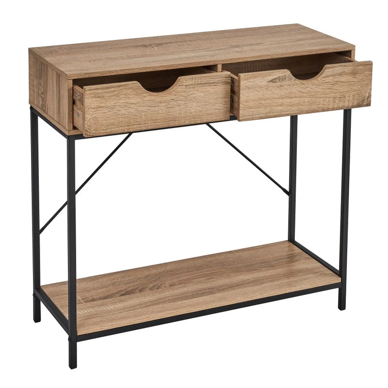 Consola recibidor Urban 2 cajones de metal negro y madera roble 80x30x75 cm