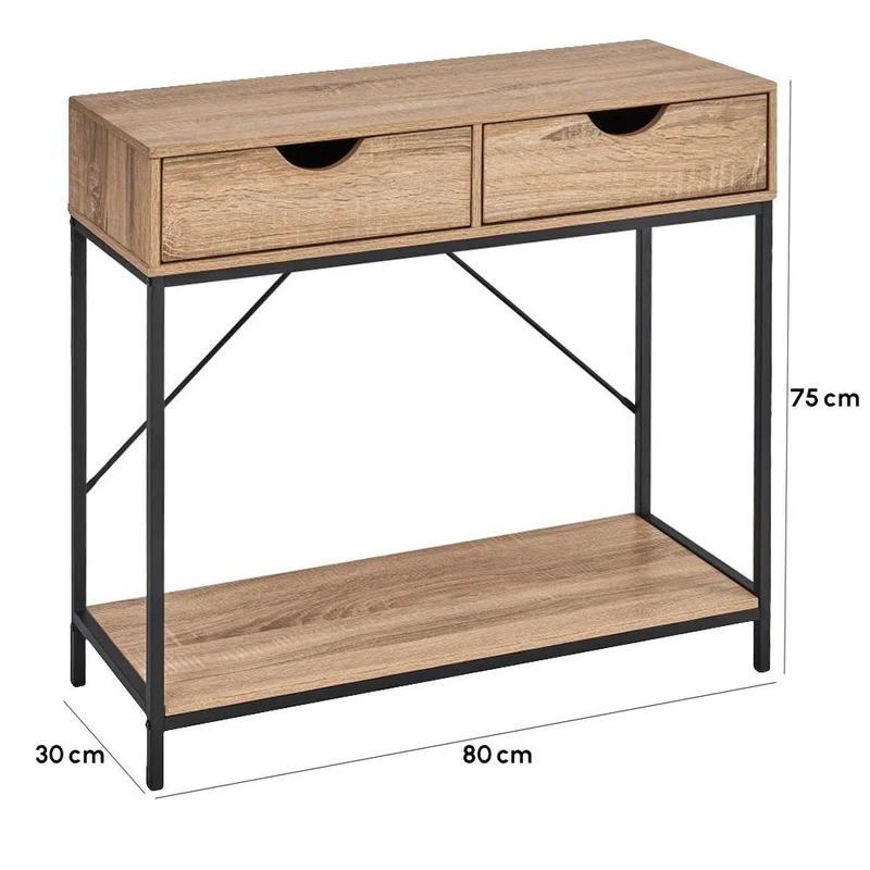 Consola recibidor Urban 2 cajones de metal negro y madera roble 80x30x75 cm