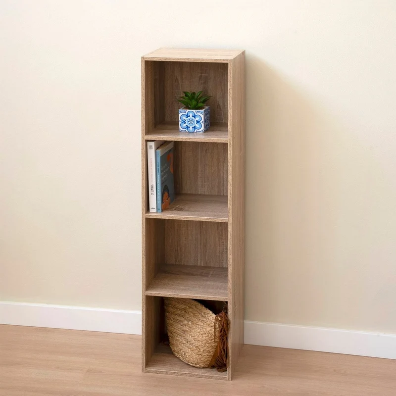 Estantería Cubo con 4 baldas de madera laminada color roble de 106x30x24 cm