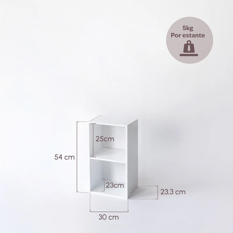 Estantería Cubo con 2 baldas de madera laminada blanca de 54x30x24 cm