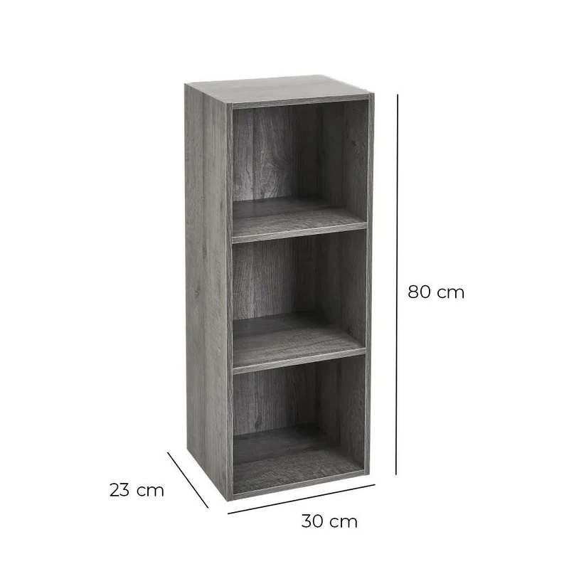 Estantería Cubo con 3 baldas de madera laminada color gris de 80x30x24 cm