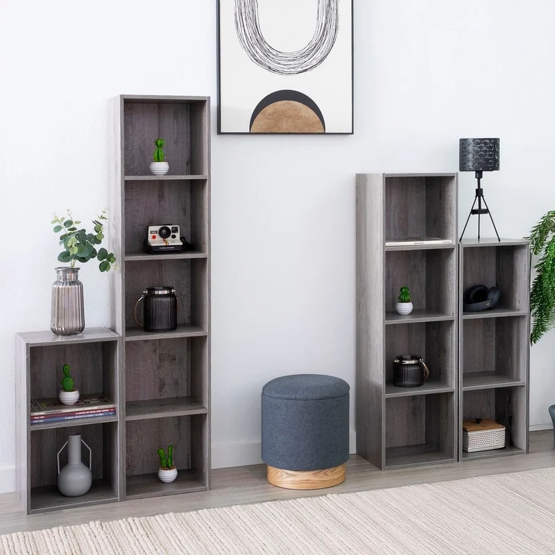 Estantería Cubo con 4 baldas de madera laminada color gris de 106x30x24 cm